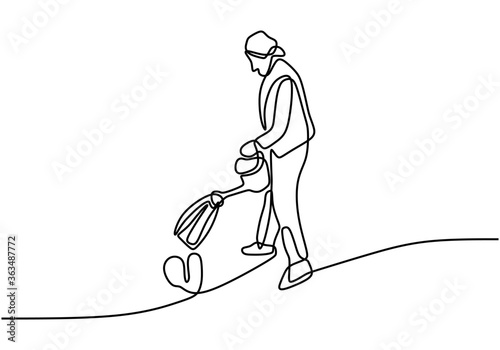 woman watering plant in order to make it growing one line drawing vector isolated on white background.