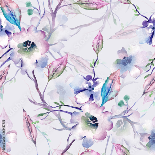 Fototapeta Naklejka Na Ścianę i Meble -  Floral Seamless Pattern. Watercolor Background with Hand Painted Apple Tree Branches. 