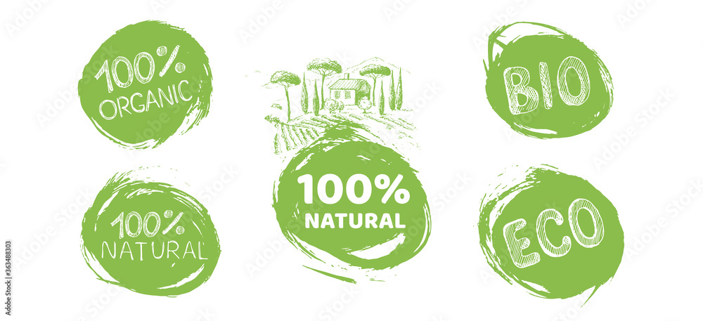 Organic food labels set. Hand drawn illustrations. Organic food labels set. Hand drawn illustrations.