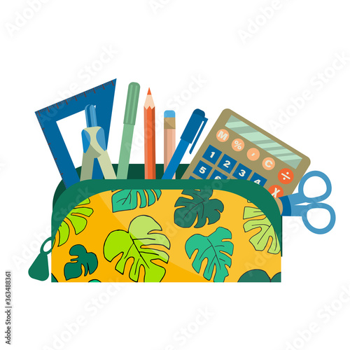 Set of school accessories in pencil box. School pencil case with pens, pencils, rulers, scissors and a calculator is isolated on a white background. Vector illustration in cartoon style.