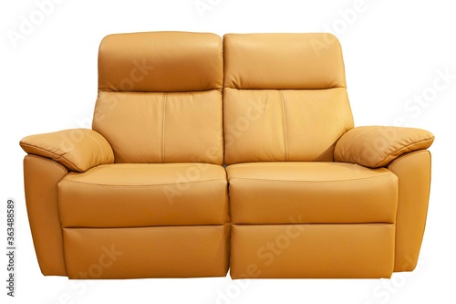 Brown couch, sofa isolated on black background. Classic design furniture of leather, fabric buttoned quilted upholstery, modern dwelling interior design element