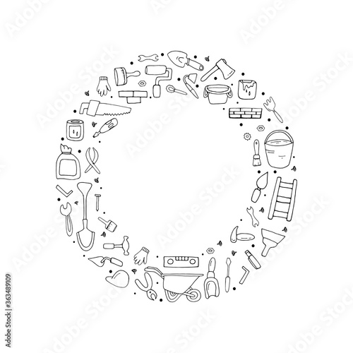 Construction. Doodle style. Vector isolated illustration with tool kits for repairing buildings, rooms, premises, houses, apartments. Business Building materials and tools  for repair. 