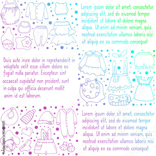 Set with children's clothing.  Doodle style. Vector isolated illustration with booties, sweatshirts. Dresses, shorts, hats, children's bags, toys on a white background.