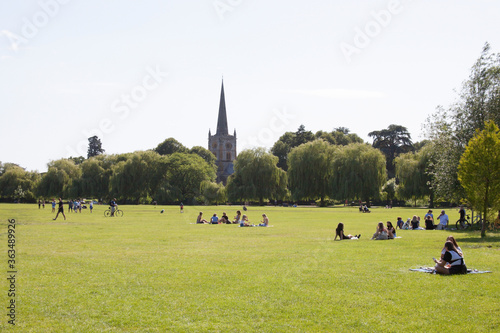 Views of the recreation grounds on the banks of The River Avon at Stratford upon Avon in Warwickshire in the UK