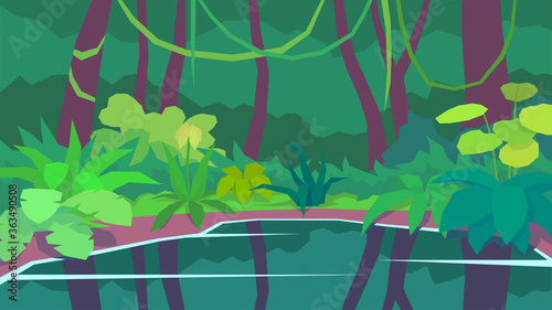 vector illustration  abstract polygon landscape  lake  reflection  jungle  dense  thicket  fern  vine  tree  forest at the day