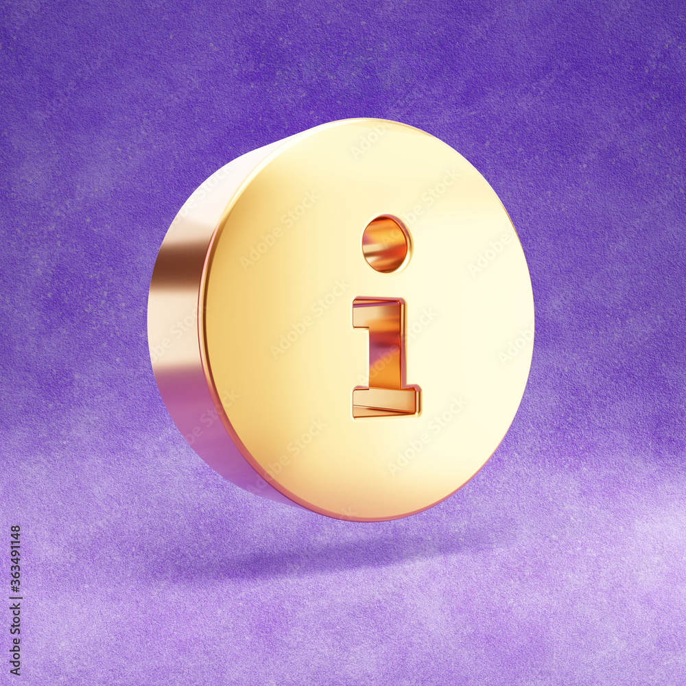 Info icon. Gold glossy information symbol isolated on violet velvet background. Modern icon for website, social media, presentation, design template element. 3D render. Info icon. Gold glossy information symbol isolated on violet velvet background. Modern icon for website, social media, presentation, design template element. 3D render.