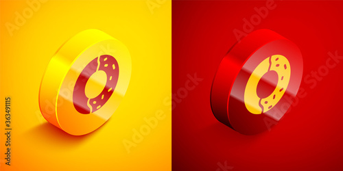 Isometric Donut with sweet glaze icon isolated on orange and red background. Circle button. Vector Illustration.