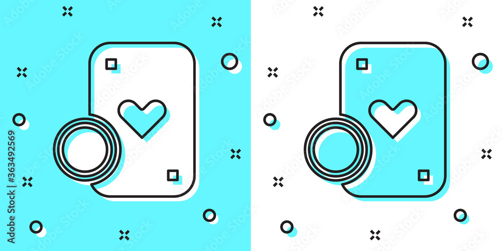 Black line Casino chip and playing cards icon isolated on green and white background. Casino poker. Random dynamic shapes. Vector Illustration. Black line Casino chip and playing cards icon isolated on green and white background. Casino poker. Random dynamic shapes. Vector Illustration.