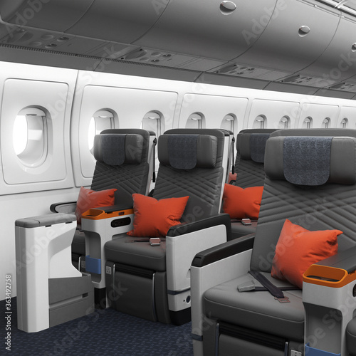 3D render of Premium Economy Cabin with safe comfortable seats for travelling on a passenger airplane