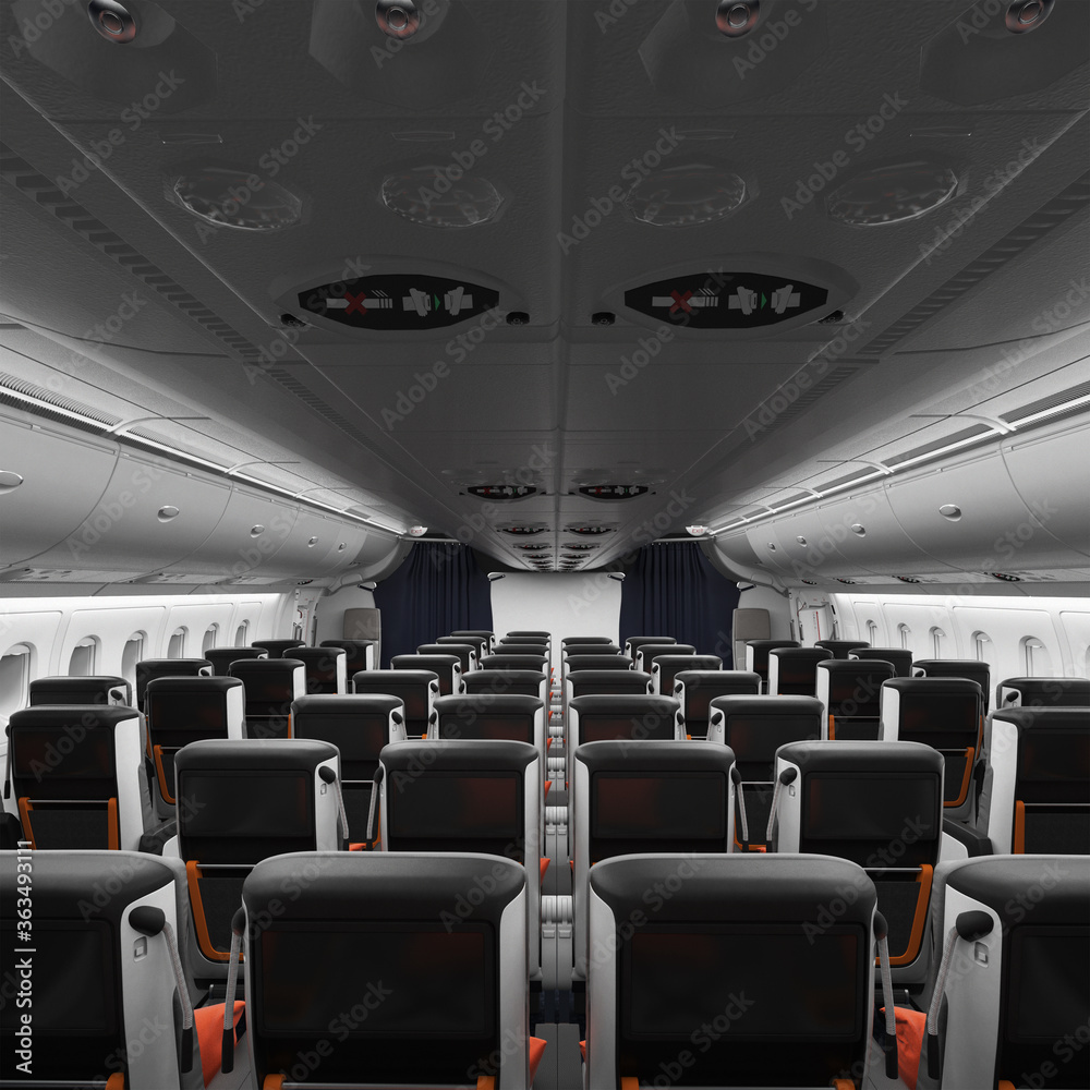 Fototapeta premium 3D render of Premium Economy Cabin with safe comfortable seats for travelling on a passenger airplane