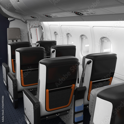 3D render of Premium Economy Cabin with safe comfortable seats for travelling on a passenger airplane