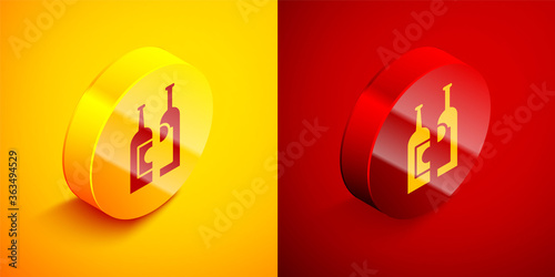 Isometric Bottles of wine icon isolated on orange and red background. Circle button. Vector Illustration.