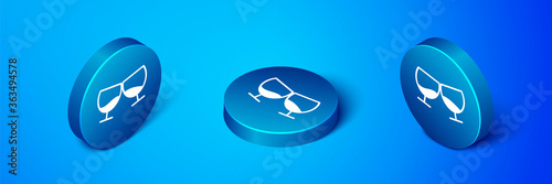 Isometric Glass of cognac or brandy icon isolated on blue background. Blue circle button. Vector Illustration.