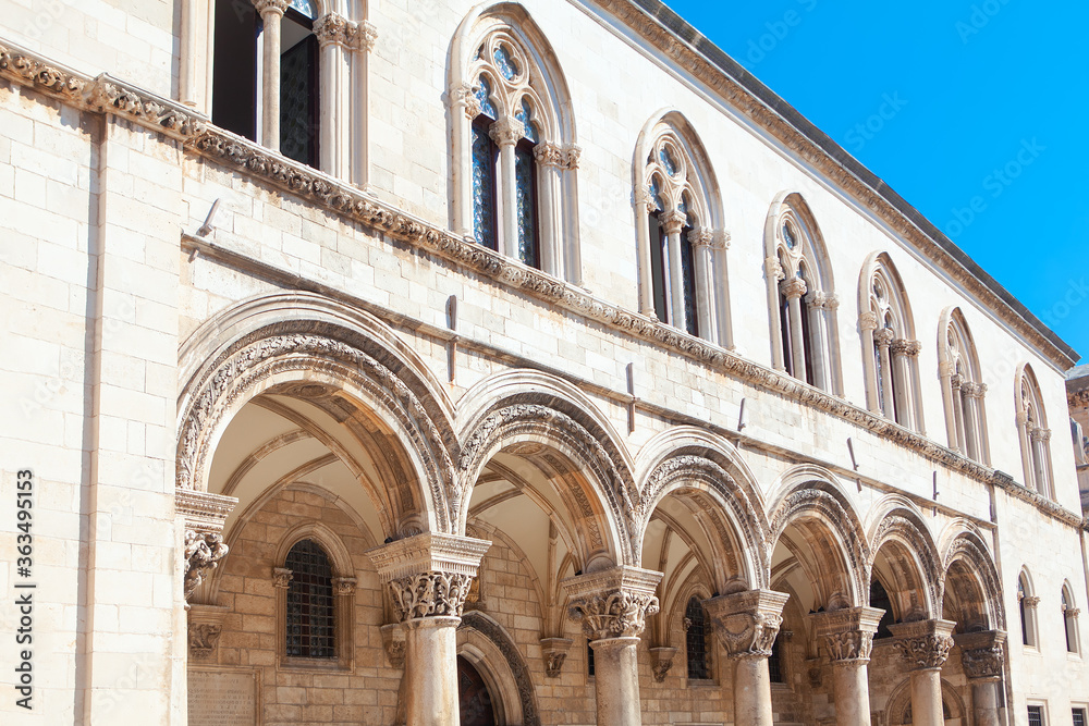 Facade of Rector's Palace in Dubrovnik . Architectural Arches od Medieval Castle 