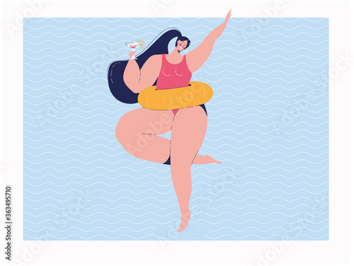 Happy body positive female character on the beach with cocktail. Vector illustration for web banner, infographics, mobile. Happy woman on the beach.