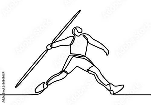 One continuous line drawing of athletic man exercise to run stance before throw javelin on the field. Athletic games. Olympic sport concept. Dynamic single line draw design vector illustration