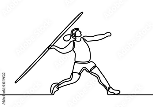 One continuous line drawing of sporty woman exercise to run stance before throw javelin on the field. Athletic games. Olympic sport concept. Dynamic single line draw design vector illustration