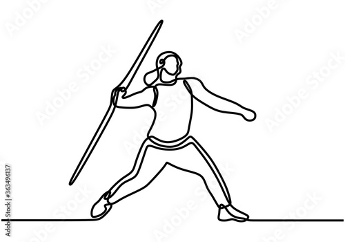 One continuous line drawing of young sporty woman exercise to run stance before throw javelin on the field. Athletic games. Olympic sport concept. Dynamic single line draw design vector illustration