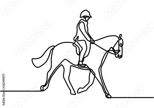 Continuous one line drawing young man rider on horseback with minimalist design isolated in one white background.