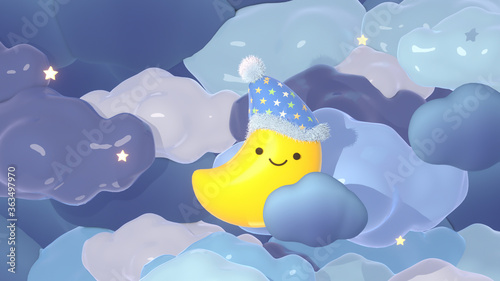 Billede på lærred Cartoon moon with smiley face wearing a nightcap in the sky at night