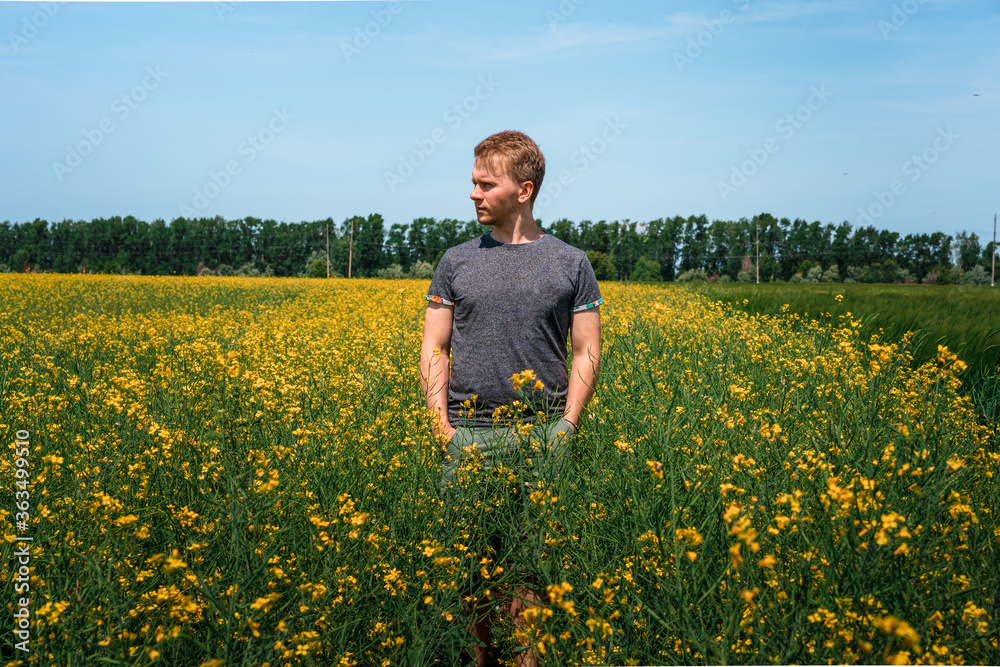 European traveler man near a yellow flower in a field of rapeseed Sunny day. Happy person outdoors next to plants in full bloom. View of the countryside from a field of rapeseed growing oilseeds