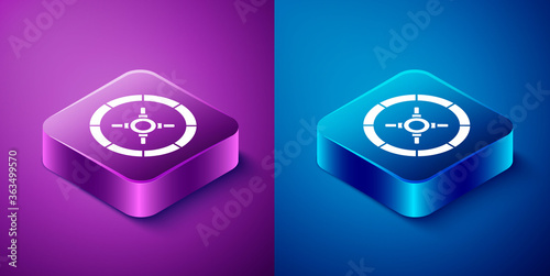 Isometric Safe icon isolated on blue and purple background. The door safe a bank vault with a combination lock. Reliable Data Protection. Square button. Vector Illustration.