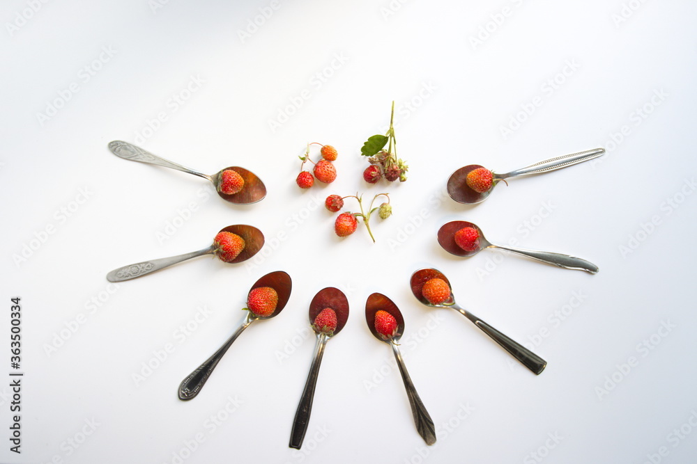 Wild strawberry or alpine wild strawberry. Top view.
On a white background eight teaspoons. In each spoon lies one strawberry.
In the center are three branches with berries.
