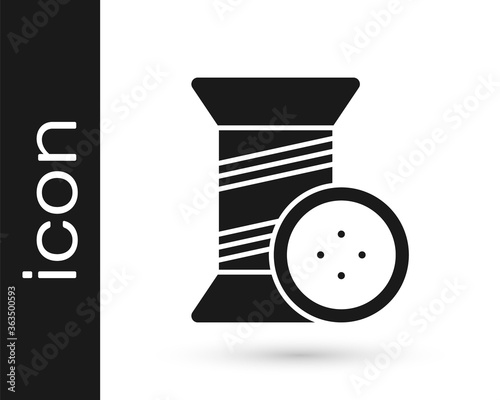 Grey Sewing thread on spool and button icon isolated on white background. Yarn spool. Thread bobbin. Vector Illustration.