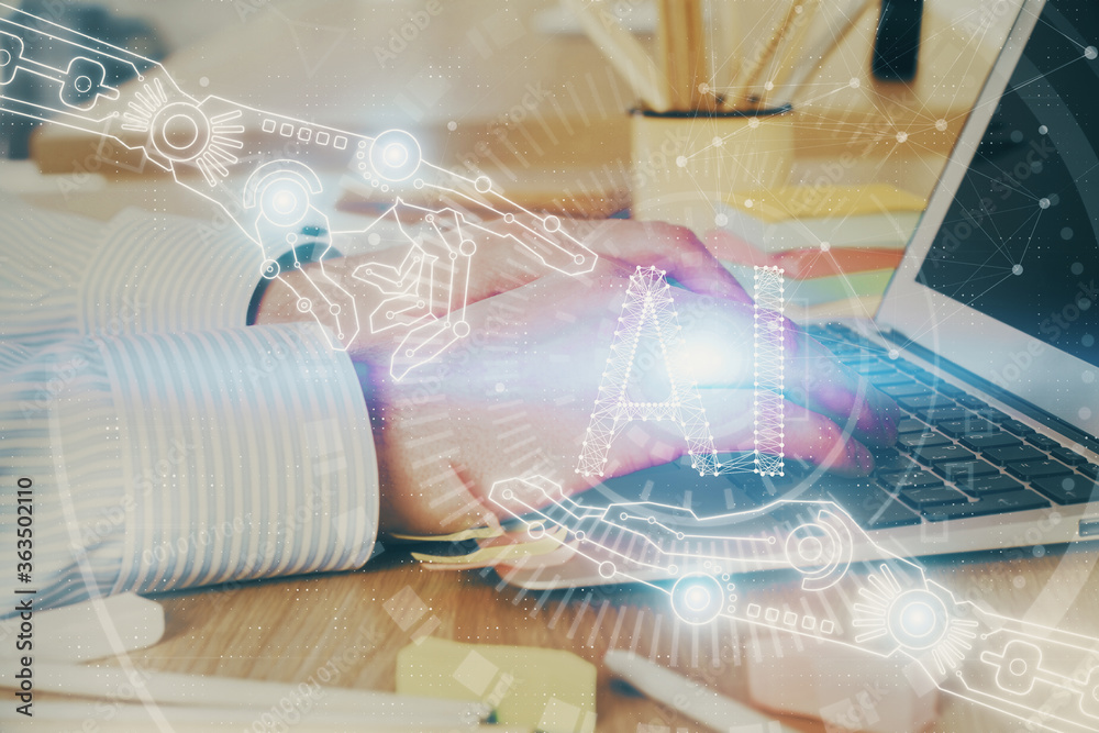 Businessman working on Laptop with technology theme drawing. Concept of big data. Double exposure. Businessman working on Laptop with technology theme drawing. Concept of big data. Double exposure.