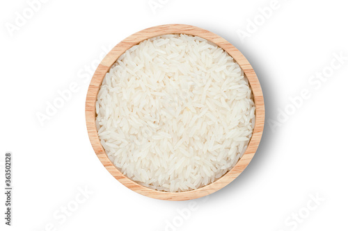 bowl of rice on white. Top view.