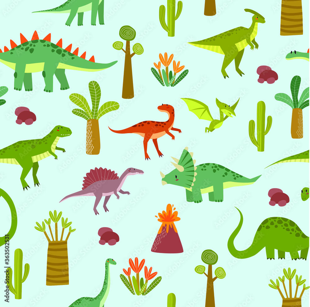 Vector seamless background with dinosaurs. Jurassic Park. Children's pattern. Tyrannosaurus, Brachiosaurus, Pterodactyl, Diplodocus, Triceptors. Set of cartoon dinosaurs. Can print on fabric
Vector seamless background with dinosaurs. Jurassic Park. Children's pattern. Tyrannosaurus, Brachiosaurus, Pterodactyl, Diplodocus, Triceptors. Set of cartoon dinosaurs. Can print on fabric