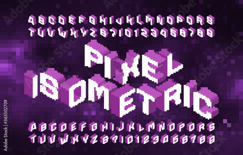 Pixel Isometric alphabet font. 3d letters and numbers. Abstract pixel background. 80s arcade video game typescript.