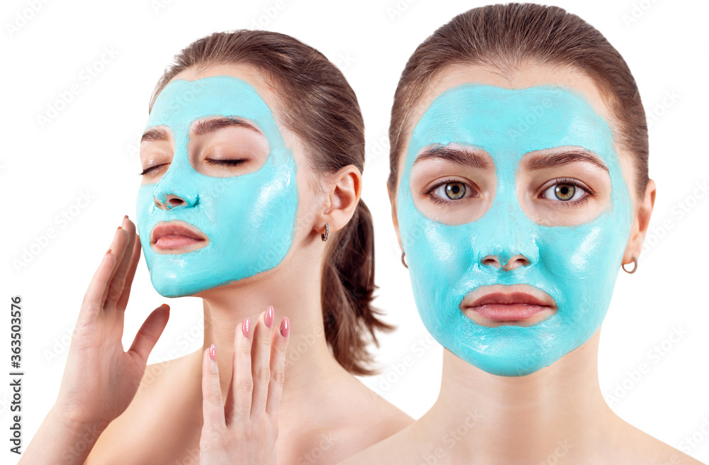 Collage of young woman with blue vitamin facial clay mask Collage of young woman with blue vitamin facial clay mask