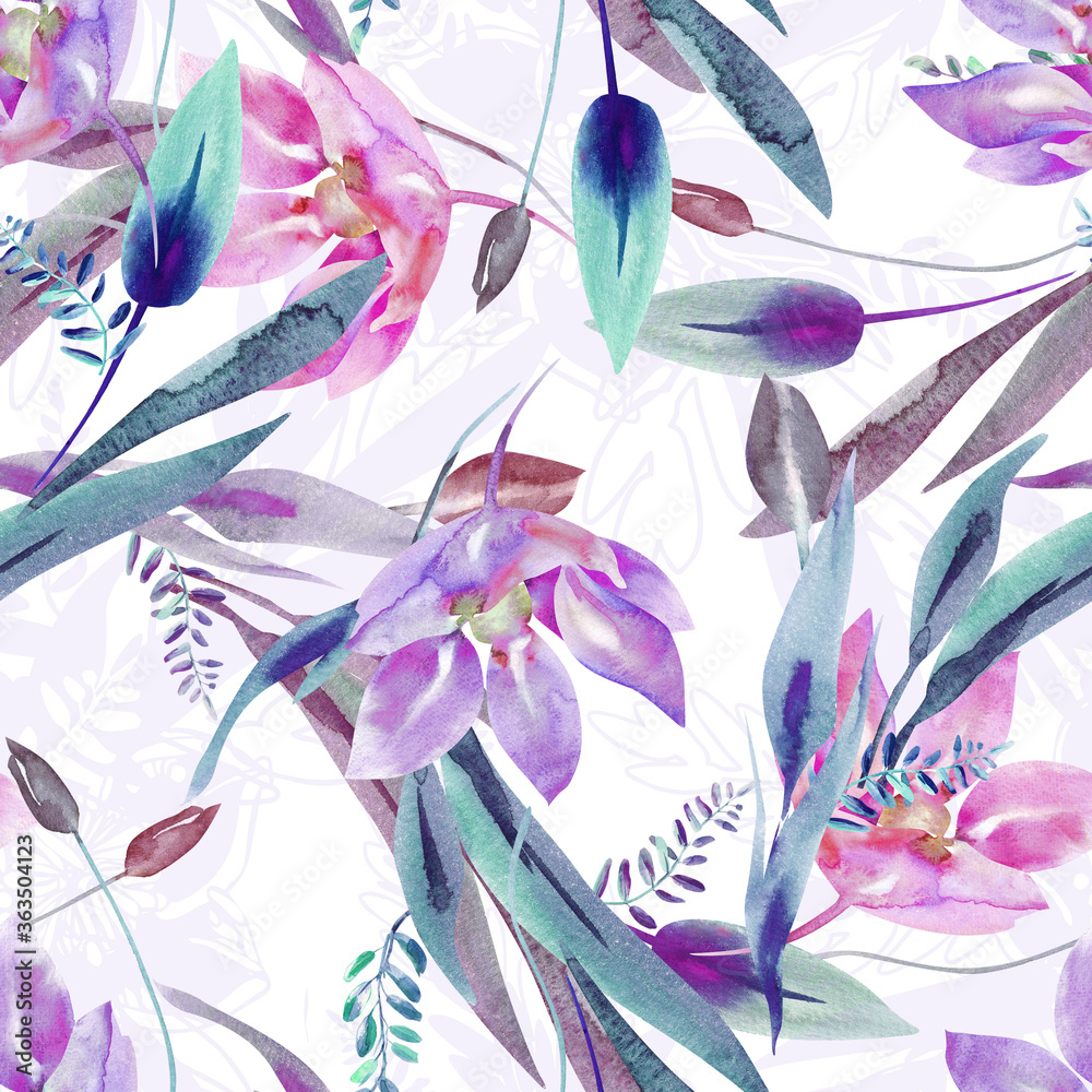 Fototapeta Watercolor Flowers Seamless Pattern. Hand Painted Floral Background.