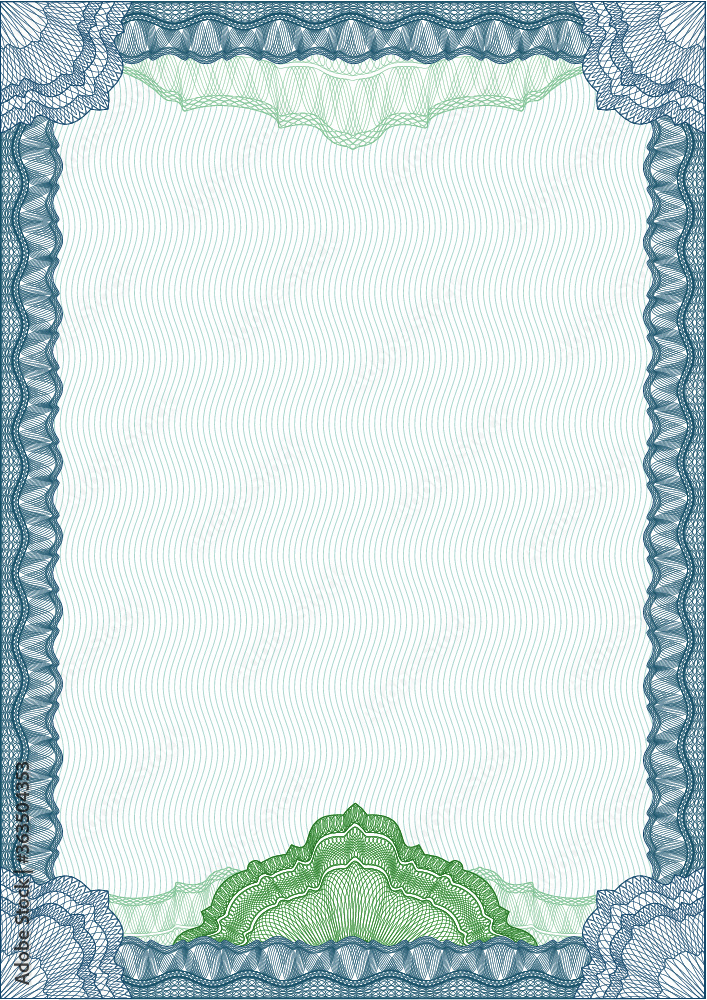 Classic guilloche blue frame border for diploma or certificate award / vector/ A4 vertical / CMYK color / Editing is easy