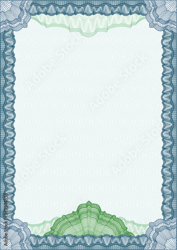 Obraz na płótnie Classic guilloche blue frame border for diploma or certificate award / vector/ A4 vertical / CMYK color / Editing is easy w salonie