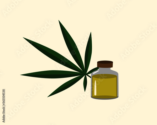 Bottle of cannabis hemp essential oil extract and fresh organic marijuana green leaf ( Marihuana, canabis, hemp hashish ) vector illustration. 