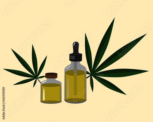 Bottle of cannabis hemp essential oil extract and fresh organic marijuana green leaf ( Marihuana, canabis, hemp hashish ) vector illustration. 
