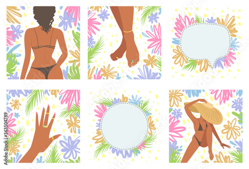 Summer beach set of illustrations of beautiful african american woman on vacation for social media posts