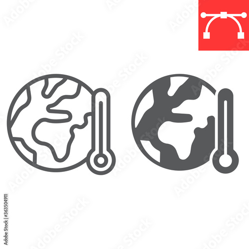 Global warming line and glyph icon, nature and ecology, planet with thermometer sign vector graphics, editable stroke linear icon, eps 10.