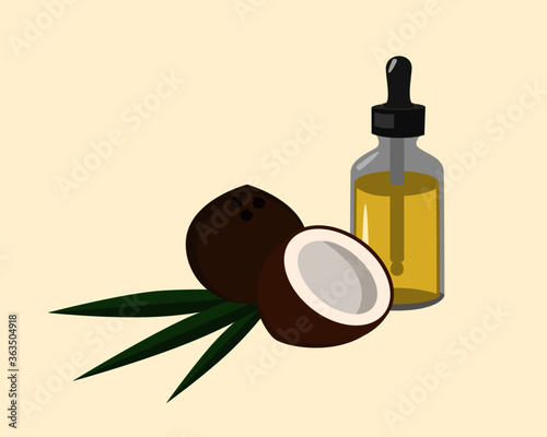 Bottle of coconut saturated oil, whole and half coconut with green leaf. Vector illustration.