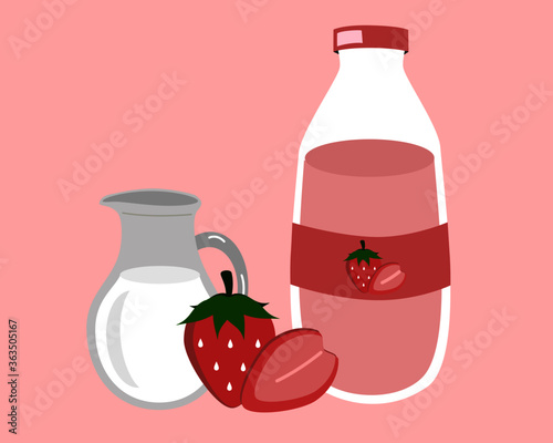Fresh organic red strawberry with pitcher and bottle of strawberries smoothie milkshake isolated on pink background. icon vector illustration.