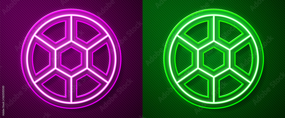 Glowing neon line Football ball icon isolated on purple and green background. Soccer ball. Sport equipment. Vector Illustration. Glowing neon line Football ball icon isolated on purple and green background. Soccer ball. Sport equipment. Vector Illustration.