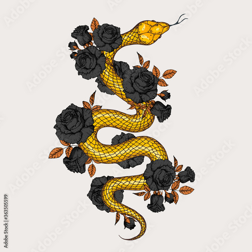 Gold snake and roses illustration. Vector illustration. Hand drawn illustration for t-shirt print, fabric and other uses