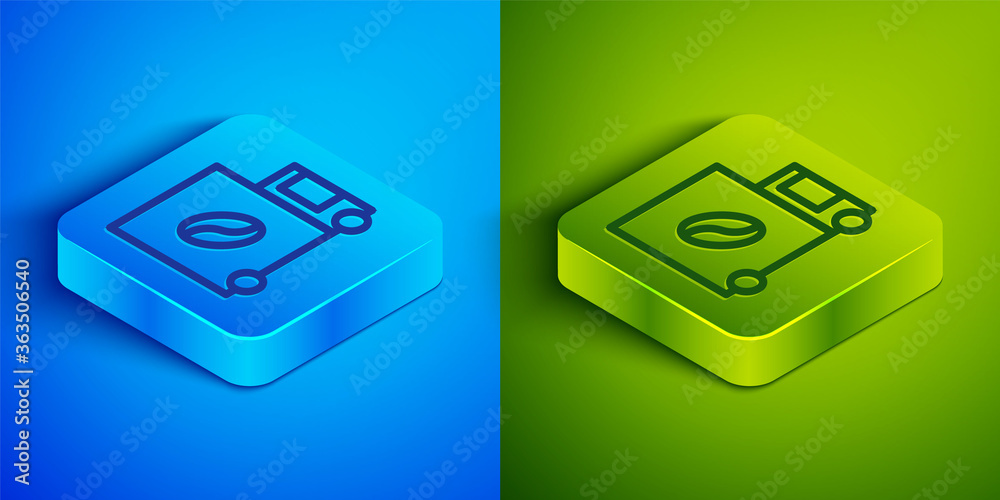 Isometric line Coffee street truck machine icon isolated on blue and green background. Delivery coffee. Square button. Vector Illustration.