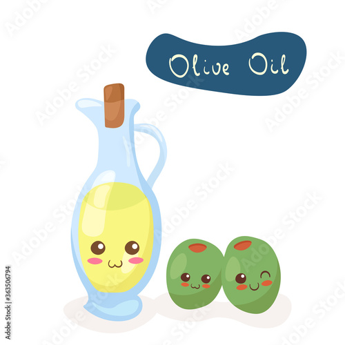 Kawaii vector illustration of Olive Oil bottle with two olives isolated on white background. Cute funny & happy characters. Cartoon style smiling food mascot for kids menu decoration.