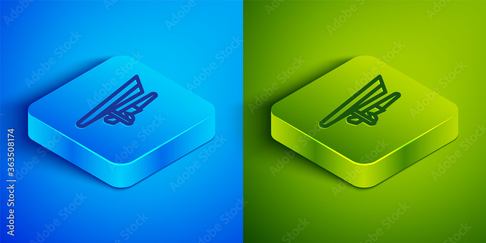 Isometric line Hang glider icon isolated on blue and green background. Extreme sport. Square button. Vector Illustration. Isometric line Hang glider icon isolated on blue and green background. Extreme sport. Square button. Vector Illustration.
