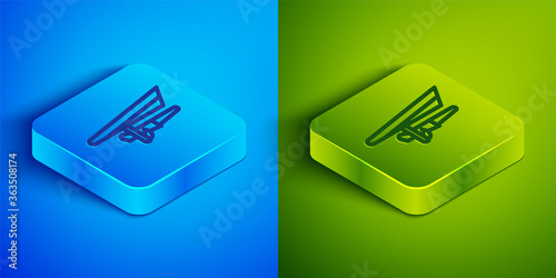 Isometric line Hang glider icon isolated on blue and green background. Extreme sport. Square button. Vector Illustration.