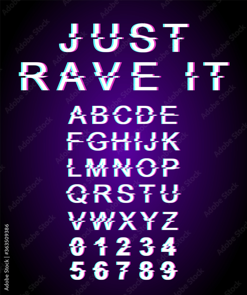 Just rave it font template. Retro futuristic style vector alphabet set on violet background. Capital letters, numbers and symbols. DJ modern party typeface design with distortion effect Just rave it font template. Retro futuristic style vector alphabet set on violet background. Capital letters, numbers and symbols. DJ modern party typeface design with distortion effect