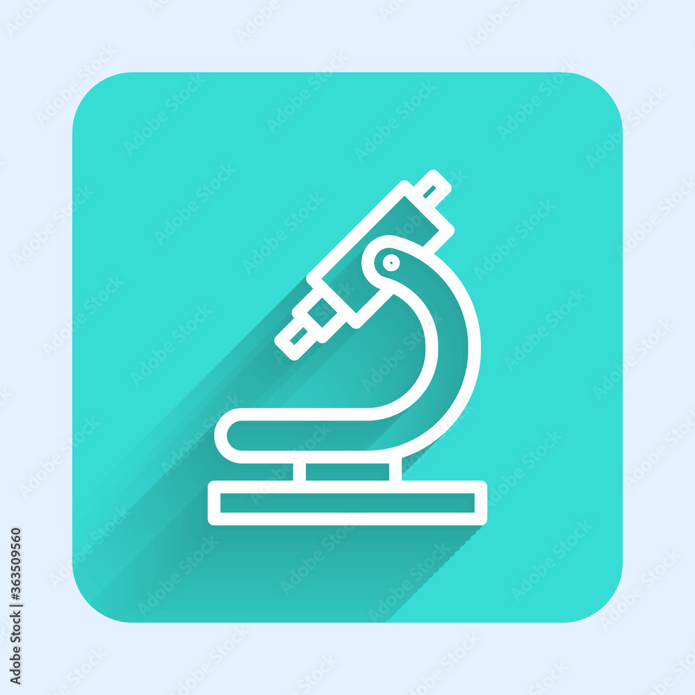 White line Microscope icon isolated with long shadow. Chemistry, pharmaceutical instrument, microbiology magnifying tool. Green square button. Vector Illustration. White line Microscope icon isolated with long shadow. Chemistry, pharmaceutical instrument, microbiology magnifying tool. Green square button. Vector Illustration.